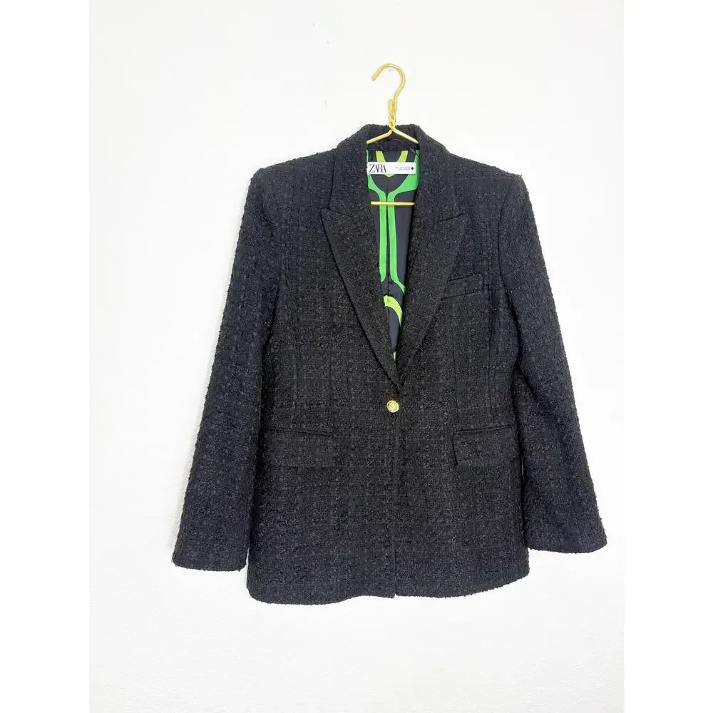 Zara Black Textured Tweed Blazer Size Large Oversized Chic Quiet Luxury Office